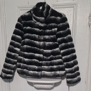 Karl Lagerfeld Black and White Striped Fur Jacket